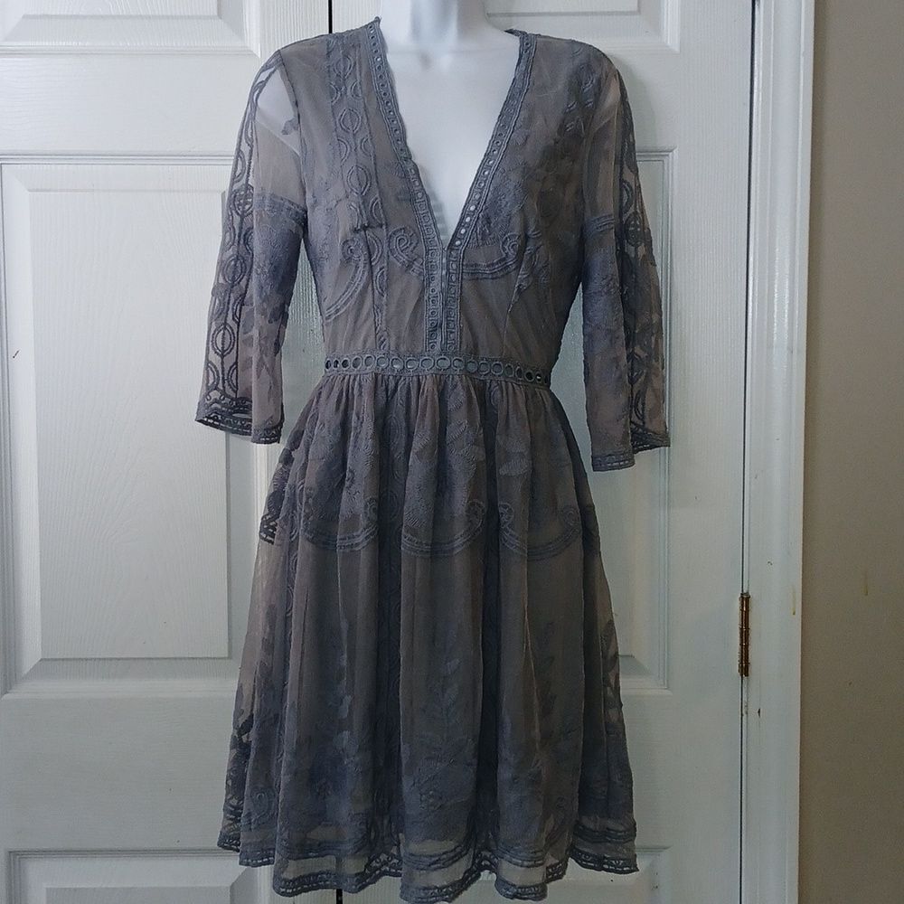 Southern Fried Chics slate blue  midi western boho dress Sz S NWT